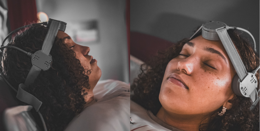Client receiving a Repetitive Transcranial Magnetic Stimulation (rTMS) treatment at Heat and Wellness Spa in Ripley, MS using a non-invasive magnetic therapy device to support brain wellness, mental clarity, stress relief, and relaxation.